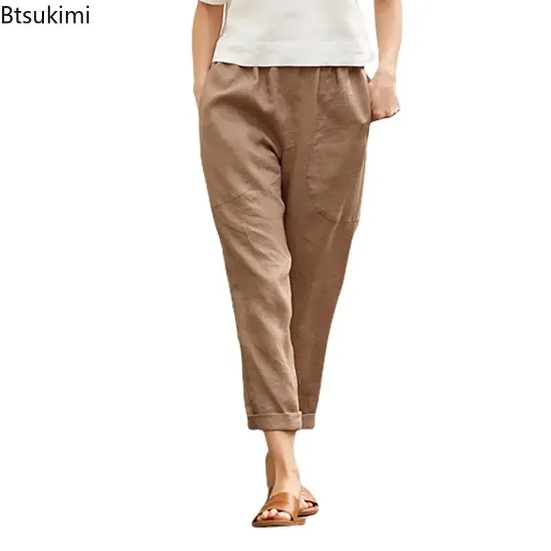 Women's Cotton Linen Trousers Pants Solid Elastic Waist Oversized