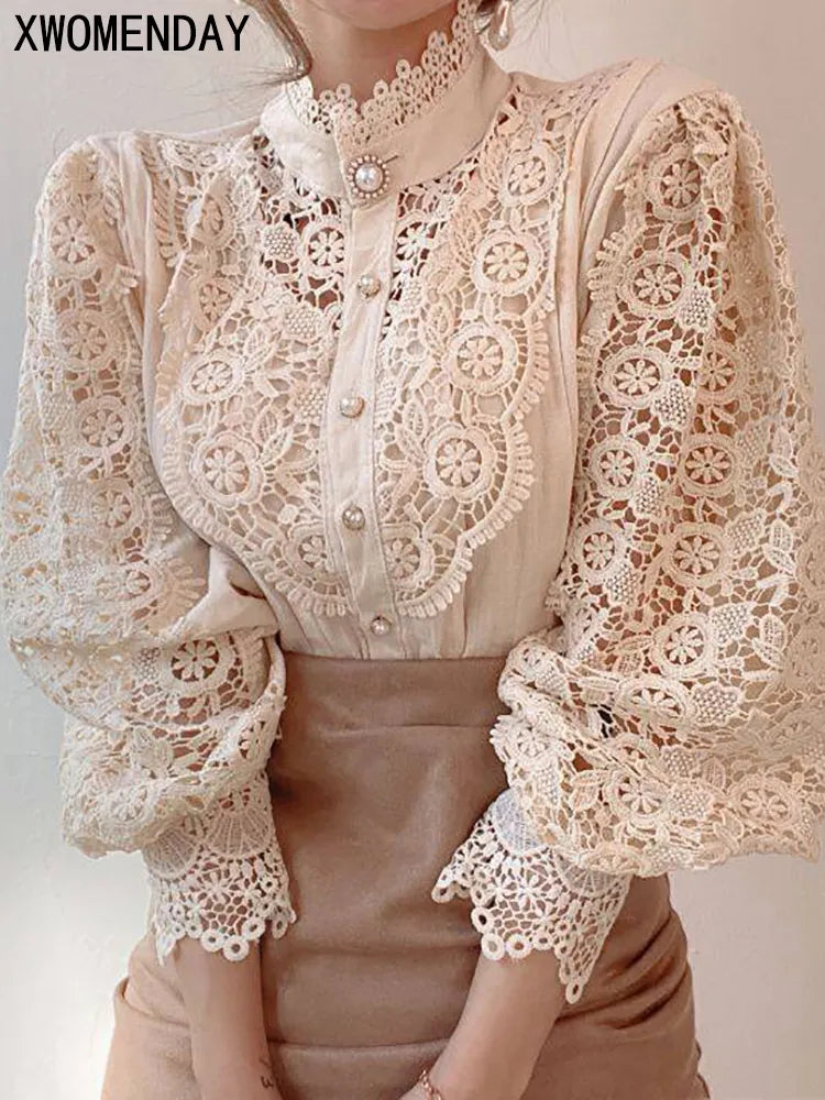Women Chiffon Shirt Chic Elegant Floral Lace