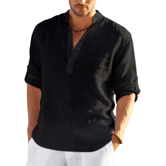 New Men's Linen Long Sleeve T-Shirt Solid Color Cotton Linen Shirt S-5XL