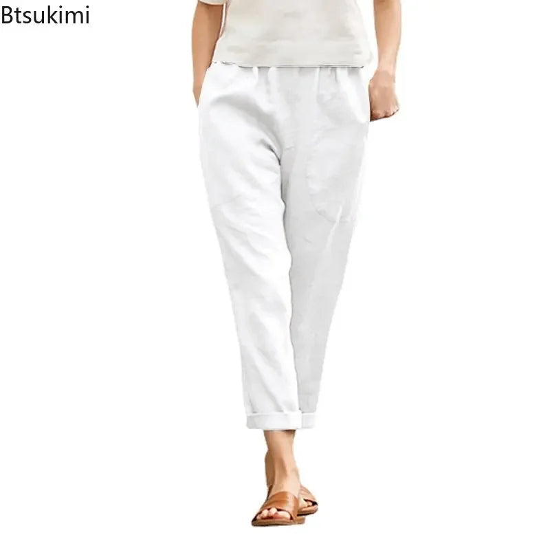 Women's Cotton Linen Trousers Pants Solid Elastic Waist Oversized